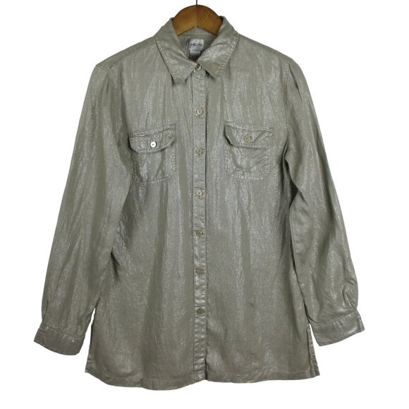 Chicos Shirt 100% Linen Button Down Size M Quiet Luxury Coastal Classic - Picture 1 of 10